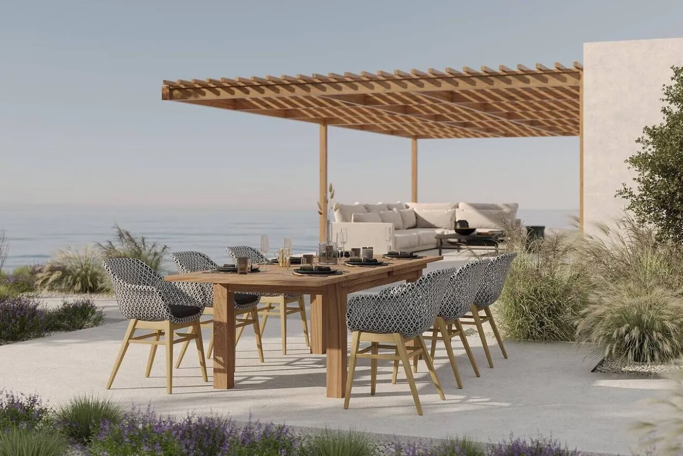 OUTFLEXX Bali Garten-Essgruppe mit 6 Dining Sesseln, schwarz/weiß/natur, Akazie/Polyrattan, 180/220/260 x 100 cm, FSC®-zertifiziertes Produkt