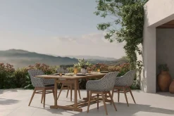 OUTFLEXX Bali Garten-Essgruppe mit 4 Dining Sesseln, schwarz/weiß/natur, Akazie/Polyrattan, 150/200 x 90 cm, FSC®-zertifiziertes Produkt