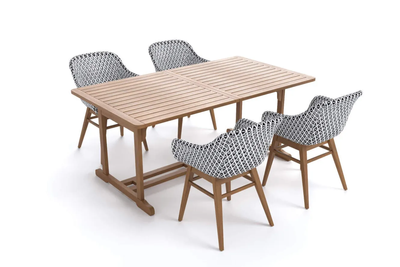 OUTFLEXX Bali Garten-Essgruppe mit 4 Dining Sesseln, schwarz/weiß/natur, Akazie/Polyrattan, 150/200 x 90 cm, FSC®-zertifiziertes Produkt