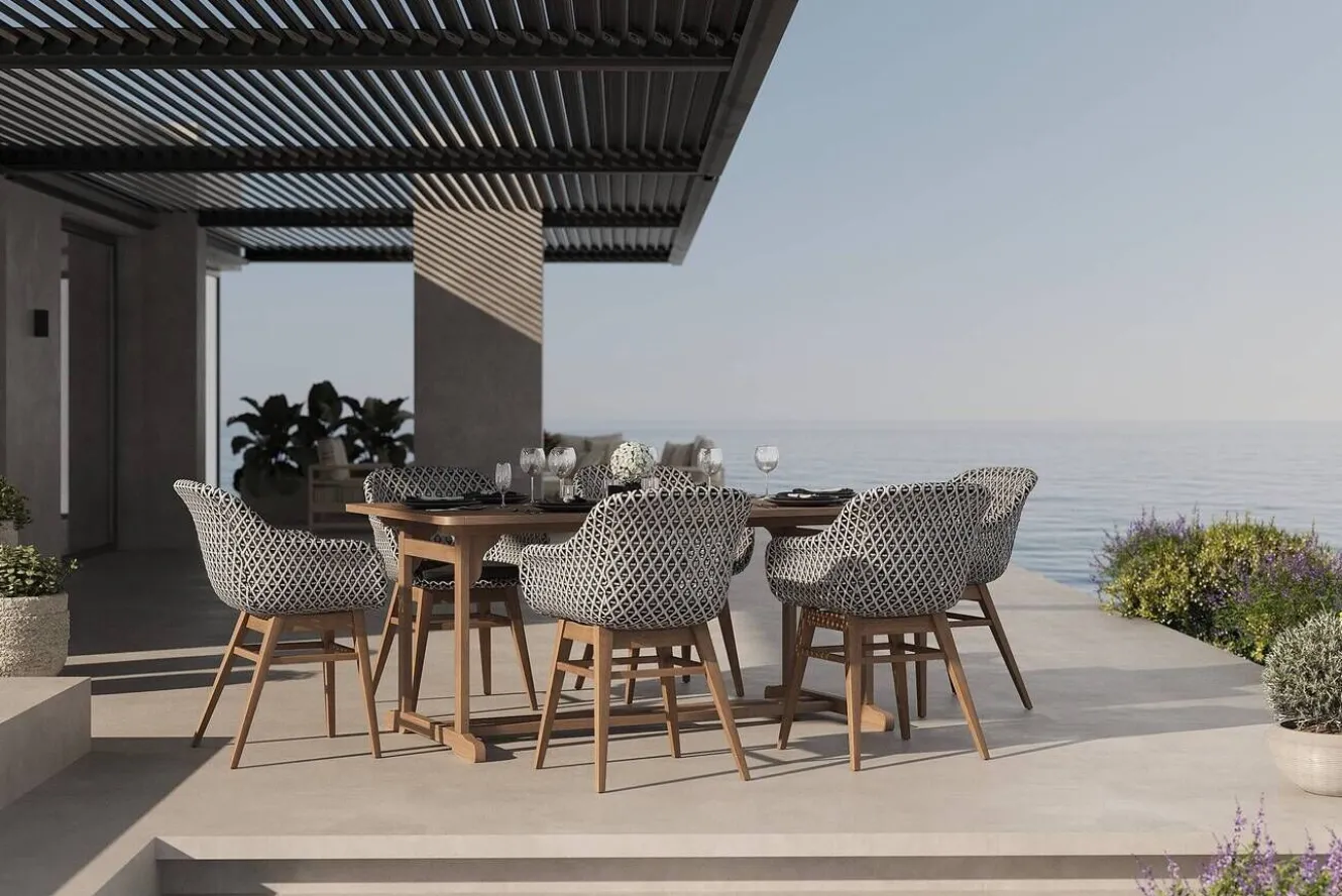 OUTFLEXX Bali Garten-Essgruppe mit 6 Dining Sesseln, schwarz/weiß/natur, Akazie/Polyrattan, 150/200 x 90 cm, FSC®-zertifiziertes Produkt