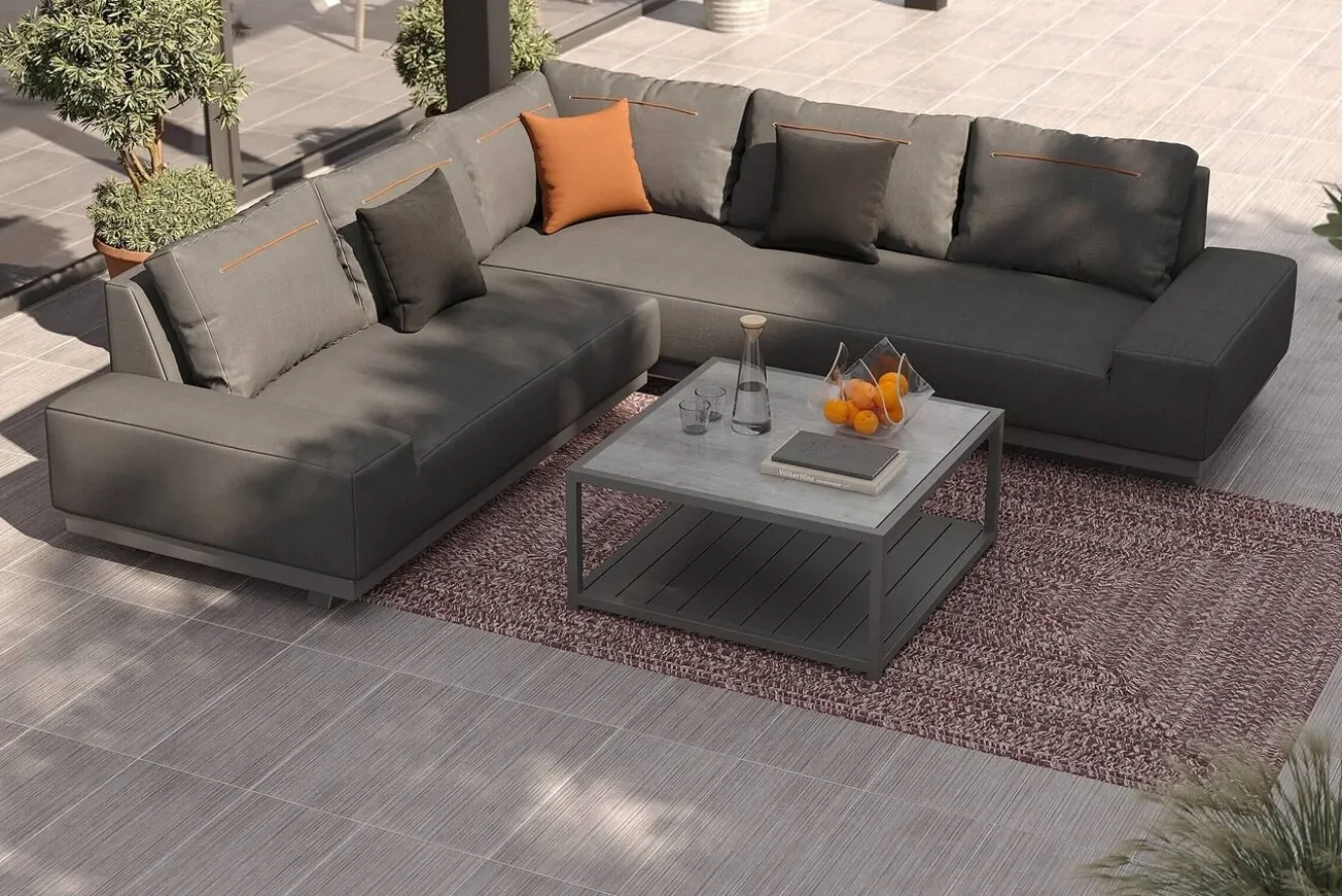 OUTFLEXX Beau Gartenlounge mit Outdoor-Teppich, grau/andorra-weiß, Alu/Polyester/PET-Garn, Teppich rechteckig 240 x 160 cm, inkl. Kaffeetisch