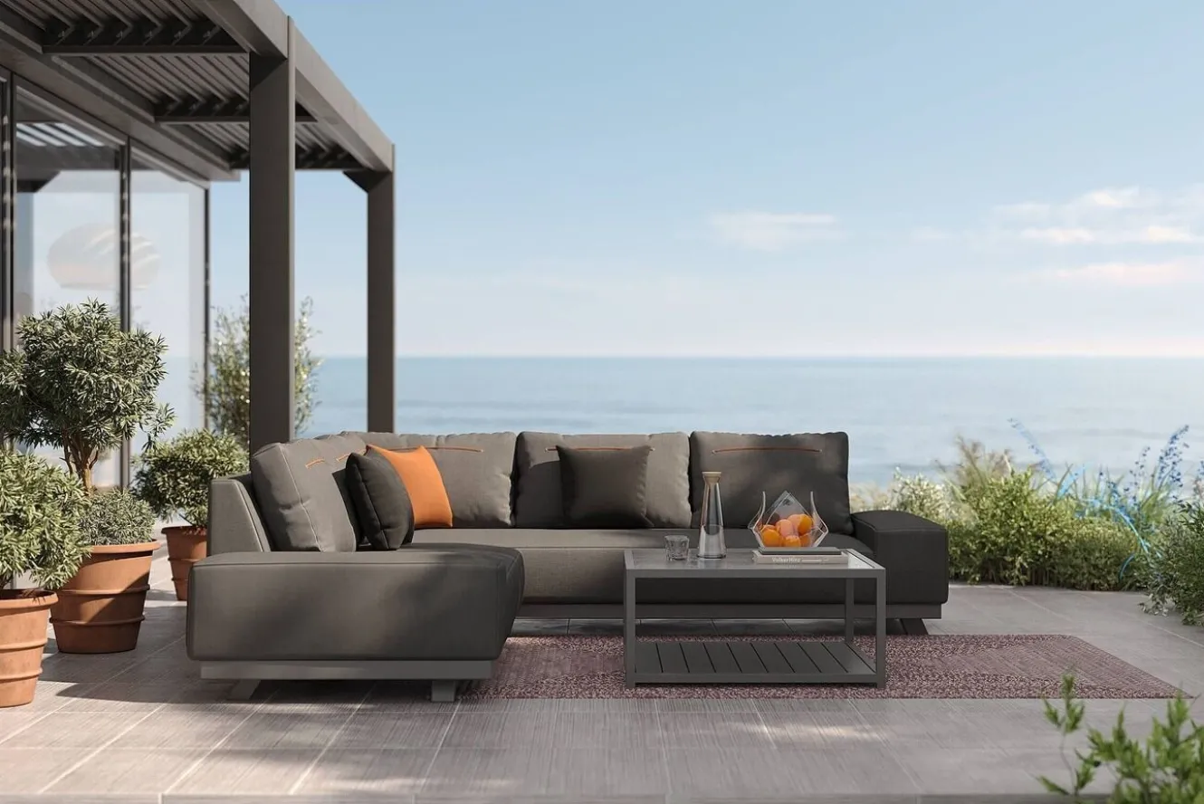 OUTFLEXX Beau Gartenlounge mit Outdoor-Teppich, grau/andorra-weiß, Alu/Polyester/PET-Garn, Teppich rechteckig 240 x 160 cm, inkl. Kaffeetisch
