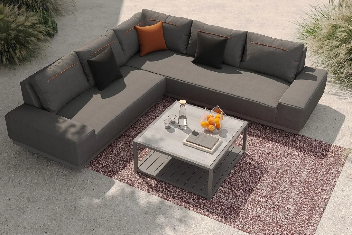 OUTFLEXX Beau Gartenlounge mit Outdoor-Teppich, grau/andorra-weiß, Alu/Polyester/PET-Garn, Teppich rechteckig 240 x 160 cm, inkl. Kaffeetisch