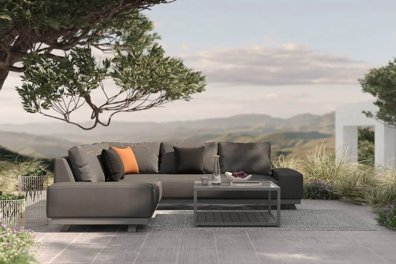 OUTFLEXX Beau Gartenlounge mit Outdoor-Teppich, grau/aluminium-weiß, Aluminium/Polyester/PET-Garn, Teppich rechteckig 240 x 160 cm, inkl. Kaffeetisch