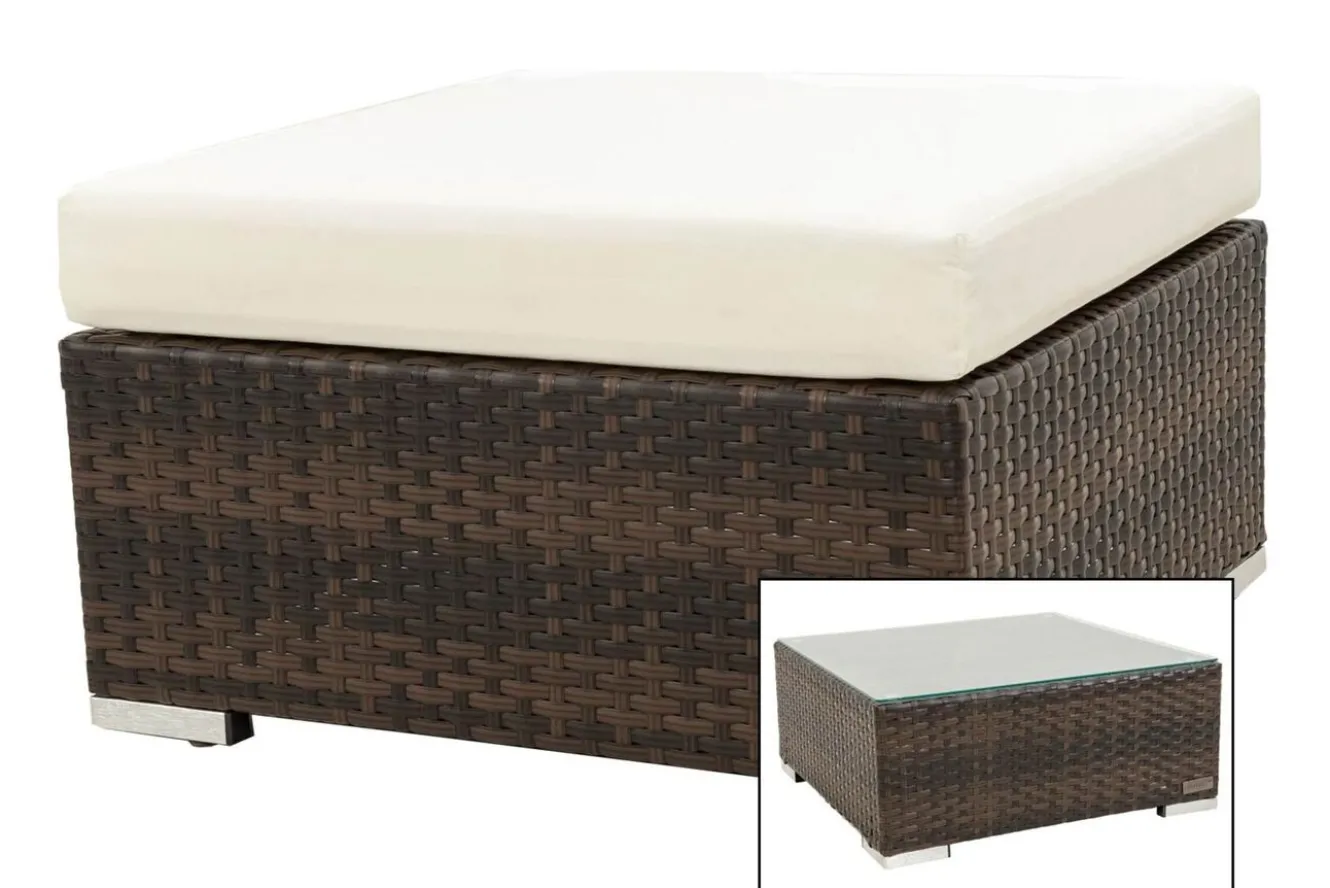 OUTFLEXX Beistelltisch/Hocker, braun marmoriert, Polyrattan, 70x70x30cm, inkl. Glasplatte und Polster