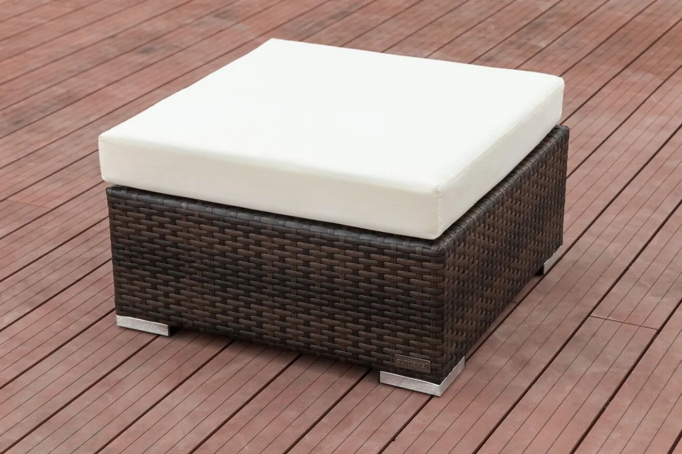 OUTFLEXX Beistelltisch/Hocker, braun marmoriert, Polyrattan, 70x70x30cm, inkl. Glasplatte und Polster