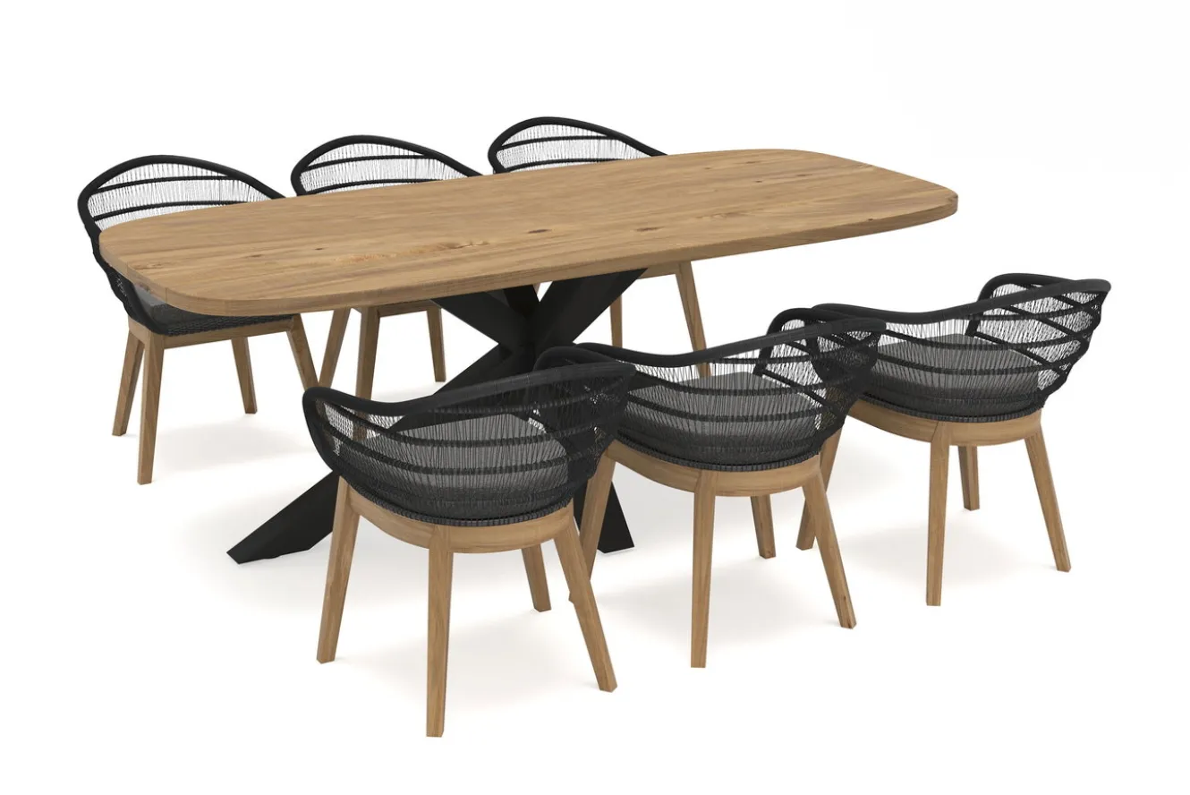 OUTFLEXX Belgium Garten-Essgruppe, natur/dunkelgrau, Alu/recyceltes Teak, Tisch 220 x 100 cm, 6 Stühle, Kissen Inklusive, FSC®-zertifiziertes Produkt