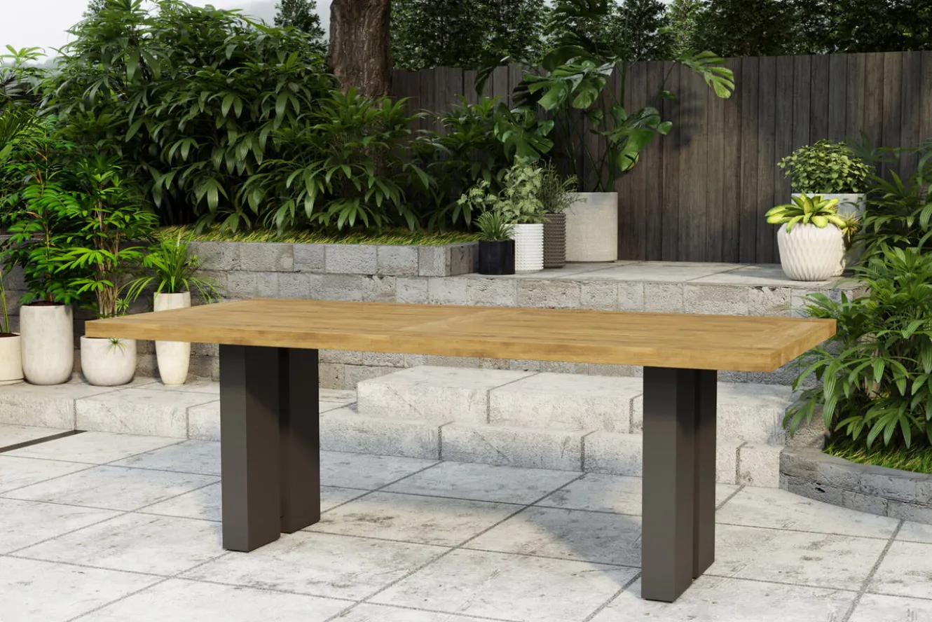 OUTFLEXX Bob/Zui Garten-Essgruppe, anthrazit/dunkelgrau, Alu/recycled Teak/Rope, 220 x 100 cm, 8 x Sessel, inkl. Polster