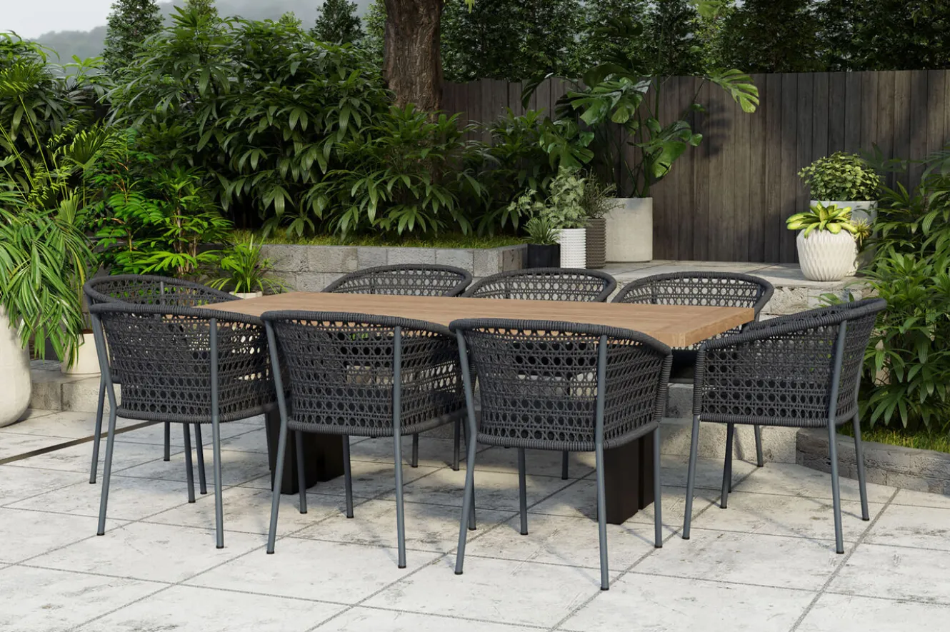 OUTFLEXX Bob/Zui Garten-Essgruppe, anthrazit/dunkelgrau, Alu/recycled Teak/Rope, 220 x 100 cm, 8 x Sessel, inkl. Polster
