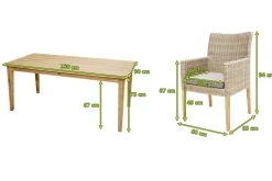 OUTFLEXX Borneo Garten-Essgruppe, beige-meliert, Polyrattan/Akazie, Tisch 180 x 90 cm, 6 Landhaussessel, FSC®-zertifiziertes Produkt