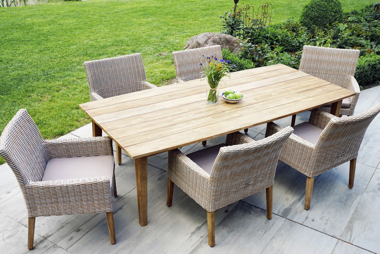 OUTFLEXX Borneo Garten-Essgruppe, beige-meliert, Polyrattan/Akazie, Tisch 180 x 90 cm, 6 Landhaussessel, FSC®-zertifiziertes Produkt