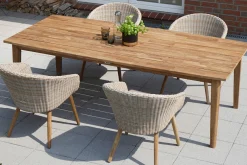 OUTFLEXX Borneo Garten-Essgruppe, beige-meliert, Polyrattan/Akazie, Tisch 180 x 90 cm, 4 Cocktail-Sessel, FSC®-zertifiziertes Produkt