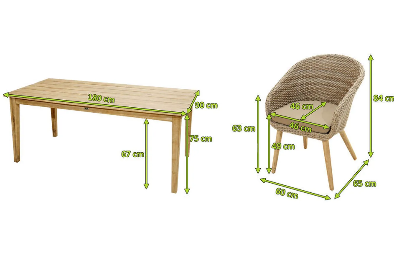 OUTFLEXX Borneo Garten-Essgruppe, beige-meliert, Polyrattan/Akazie, Tisch 180 x 90 cm, 4 Cocktail-Sessel, FSC®-zertifiziertes Produkt