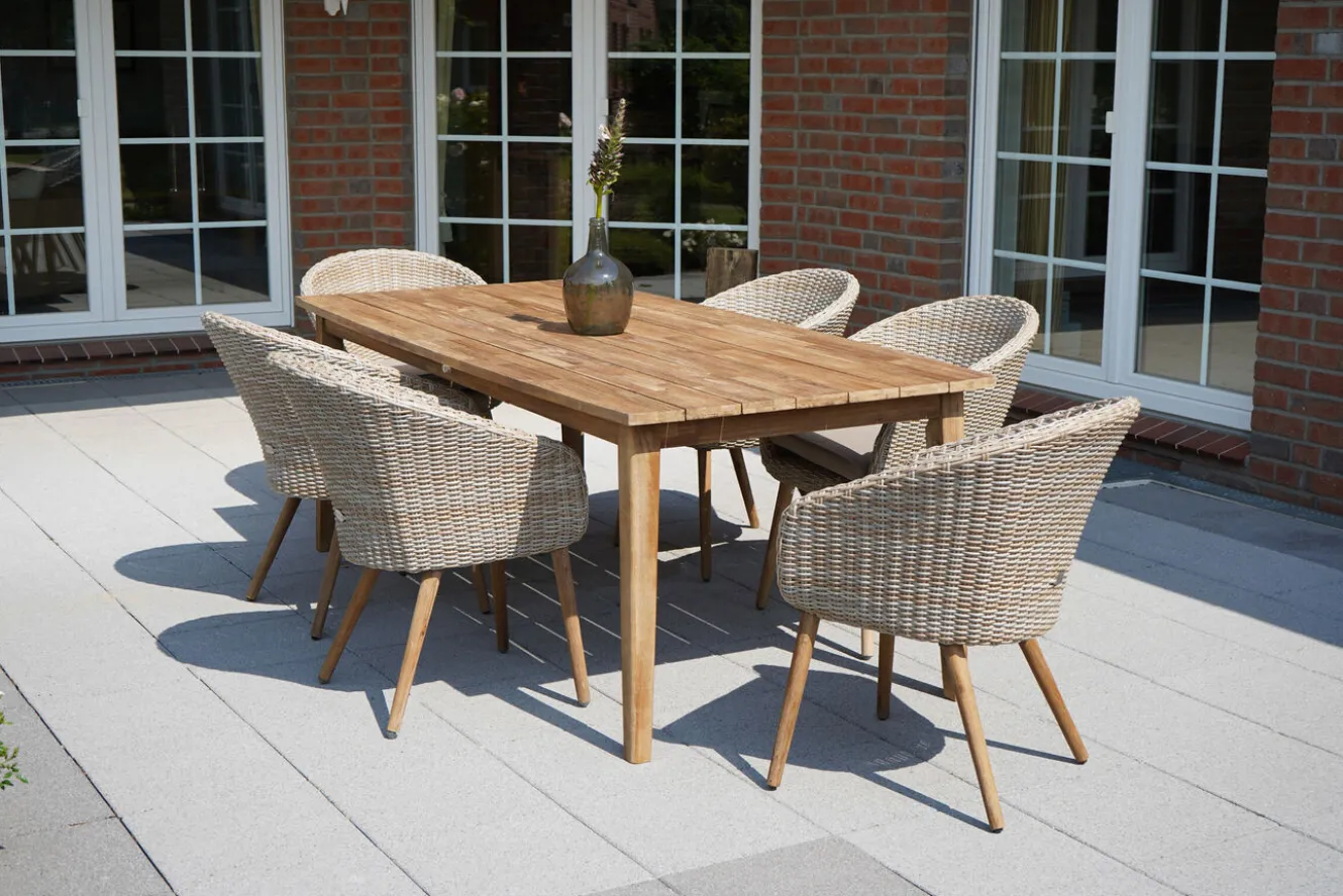OUTFLEXX Borneo Garten-Essgruppe, beige-meliert, Polyrattan/Akazie, Tisch 180 x 90 cm, 6 Cocktail-Sessel, FSC®-zertifiziertes Produkt