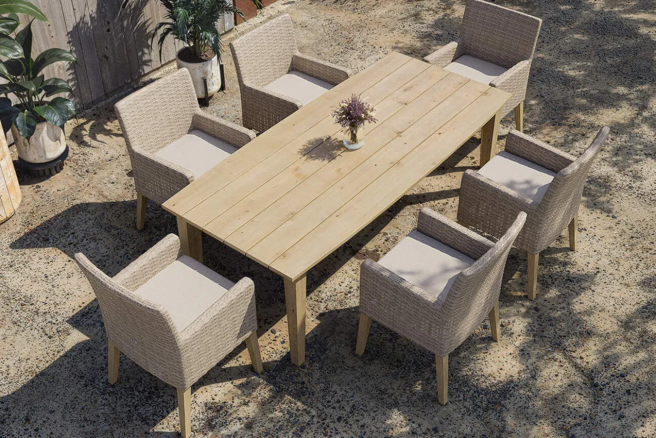 OUTFLEXX Borneo Garten-Essgruppe, beige-meliert, Polyrattan/Akazie, Tisch 220 x 100 cm, 6 Landhaussessel, FSC®-zertifiziertes Produkt