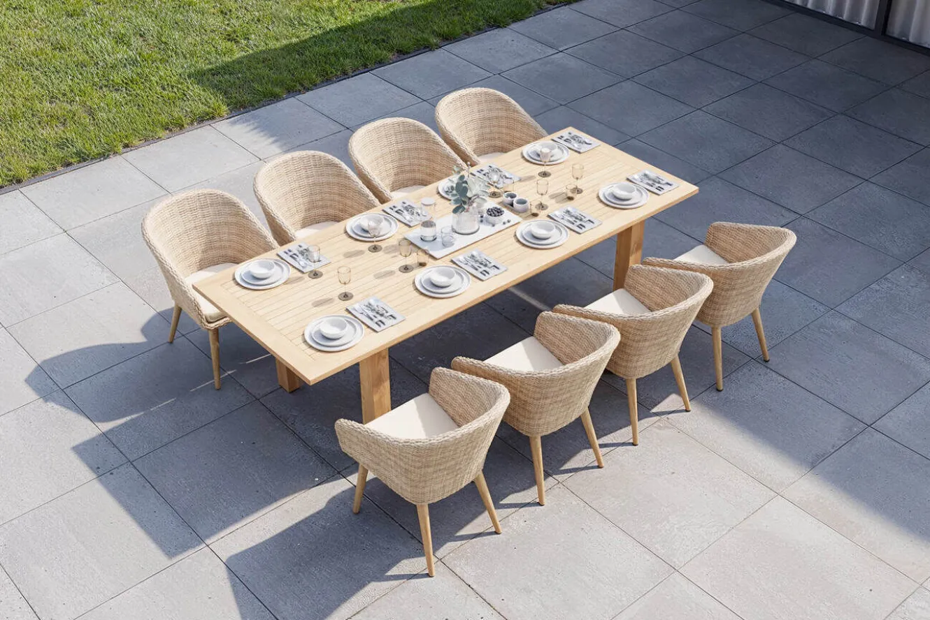 OUTFLEXX Borneo Garten-Essgruppe, natur/beige, Akazie/Polyrattan, Esstisch ausziehbar 180/220/260 x 100 cm, 8 Stühle mit Polster, FSC®-zertifiziertes Produkt