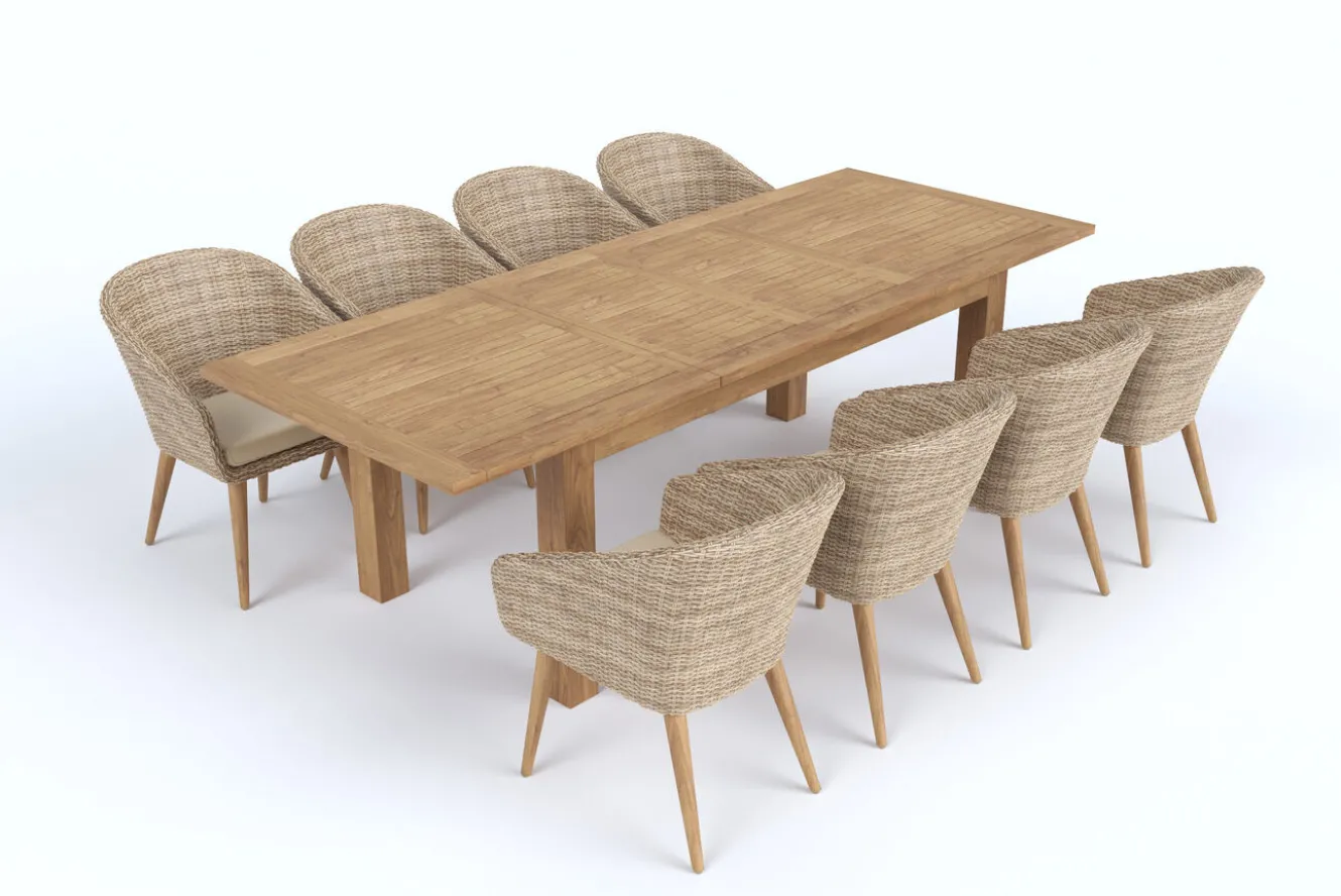 OUTFLEXX Borneo Garten-Essgruppe, natur/beige, Akazie/Polyrattan, Esstisch ausziehbar 180/220/260 x 100 cm, 8 Stühle mit Polster, FSC®-zertifiziertes Produkt