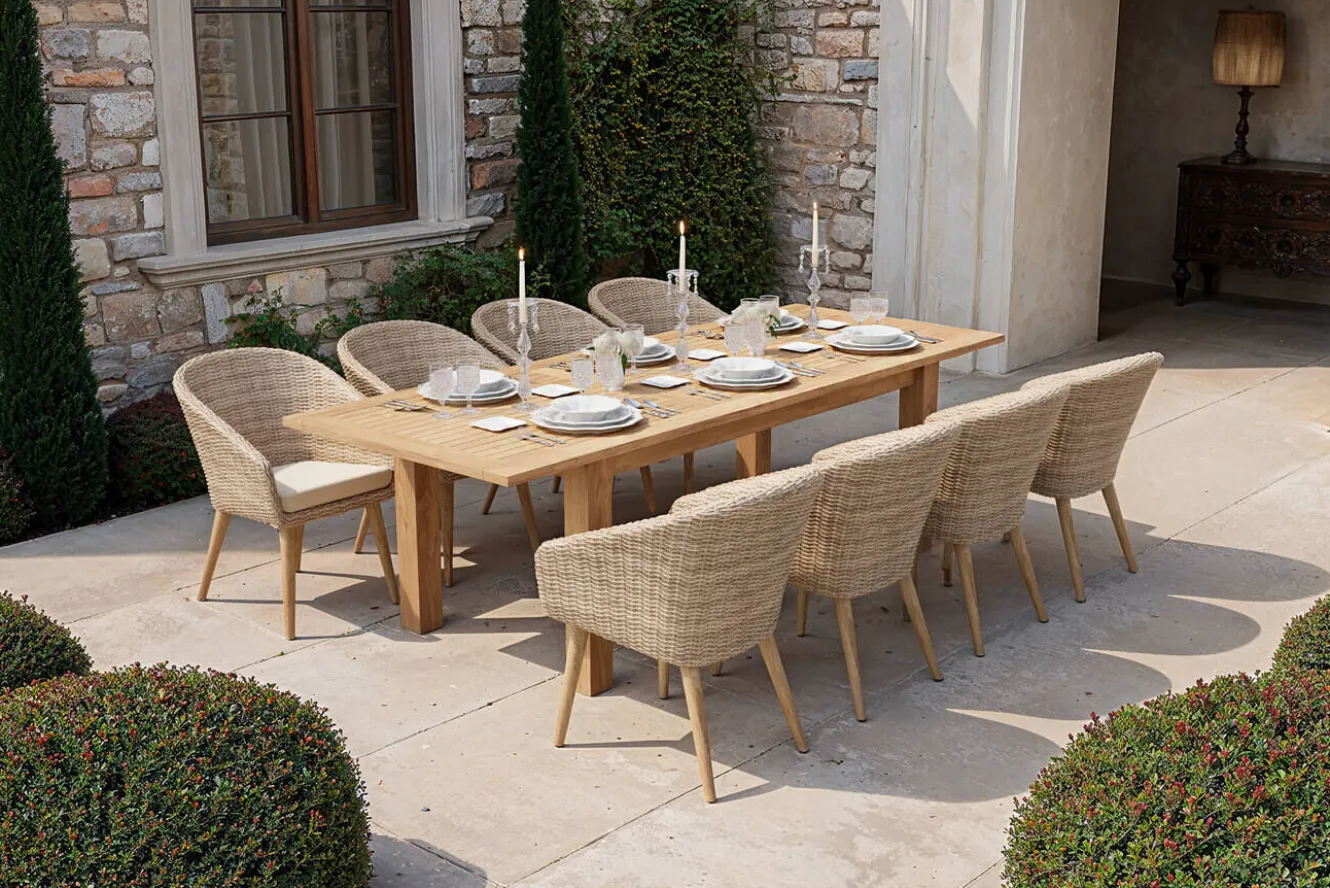 OUTFLEXX Borneo Garten-Essgruppe, natur/beige, Akazie/Polyrattan, Esstisch ausziehbar 180/220/260 x 100 cm, 8 Stühle mit Polster, FSC®-zertifiziertes Produkt