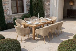 OUTFLEXX Borneo Garten-Essgruppe, natur/beige, Akazie/Polyrattan, Esstisch ausziehbar 180/220/260 x 100 cm, 8 Stühle mit Polster, FSC®-zertifiziertes Produkt