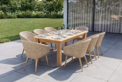 OUTFLEXX Borneo Garten-Essgruppe, natur/beige, Akazie/Polyrattan, Esstisch ausziehbar 180/220/260 x 100 cm, 8 Stühle mit Polster, FSC®-zertifiziertes Produkt