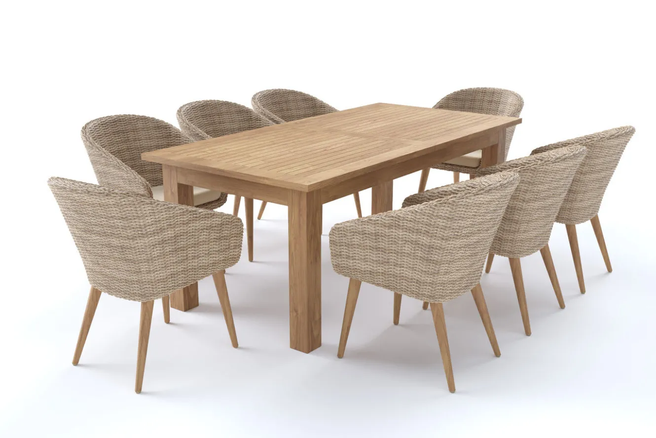 OUTFLEXX Borneo Garten-Essgruppe, natur/beige, Akazie/Polyrattan, Esstisch ausziehbar 180/220/260 x 100 cm, 8 Stühle mit Polster, FSC®-zertifiziertes Produkt