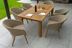 OUTFLEXX Borneo Garten-Essgruppe, beige/natur, Akazie/Polyrattan, ausziehbarer Tisch 180/220/260 x 100 cm, 6 Sessel, FSC®-zertifiziertes Produkt