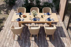 OUTFLEXX Borneo Garten-Essgruppe, beige/natur, Akazie/Polyrattan, ausziehbarer Tisch 180/220/260 x 100 cm, 6 Sessel, FSC®-zertifiziertes Produkt