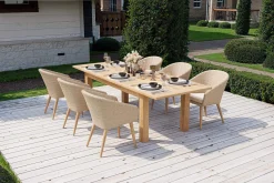 OUTFLEXX Borneo Garten-Essgruppe, beige/natur, Akazie/Polyrattan, ausziehbarer Tisch 180/220/260 x 100 cm, 6 Sessel, FSC®-zertifiziertes Produkt