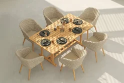 OUTFLEXX Borneo Garten-Essgruppe, beige/natur, Akazie/Polyrattan, Ausziehbar, 180/240 x 100 cm, 6 Stühle 65 x 60 cm, Polster Inklusive, FSC®-zertifiziertes Produkt