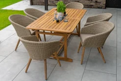 OUTFLEXX Borneo Garten-Essgruppe, beige/natur, Akazie/Polyrattan, Ausziehbar, 180/240 x 100 cm, 6 Stühle 65 x 60 cm, Polster Inklusive, FSC®-zertifiziertes Produkt