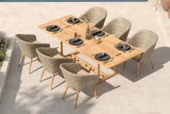 OUTFLEXX Borneo Garten-Essgruppe, beige/natur, Akazie/Polyrattan, Ausziehbar, 180/240 x 100 cm, 6 Stühle 65 x 60 cm, Polster Inklusive, FSC®-zertifiziertes Produkt