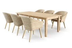 OUTFLEXX Borneo Garten-Essgruppe, beige-meliert, Polyrattan/Akazie, Tisch 220 x 100 cm, 6 Cocktail-Sessel, FSC®-zertifiziertes Produkt