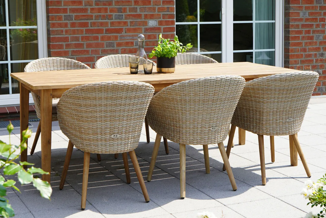OUTFLEXX Borneo Garten-Essgruppe, beige-meliert, Polyrattan/Akazie, Tisch 220 x 100 cm, 6 Cocktail-Sessel, FSC®-zertifiziertes Produkt
