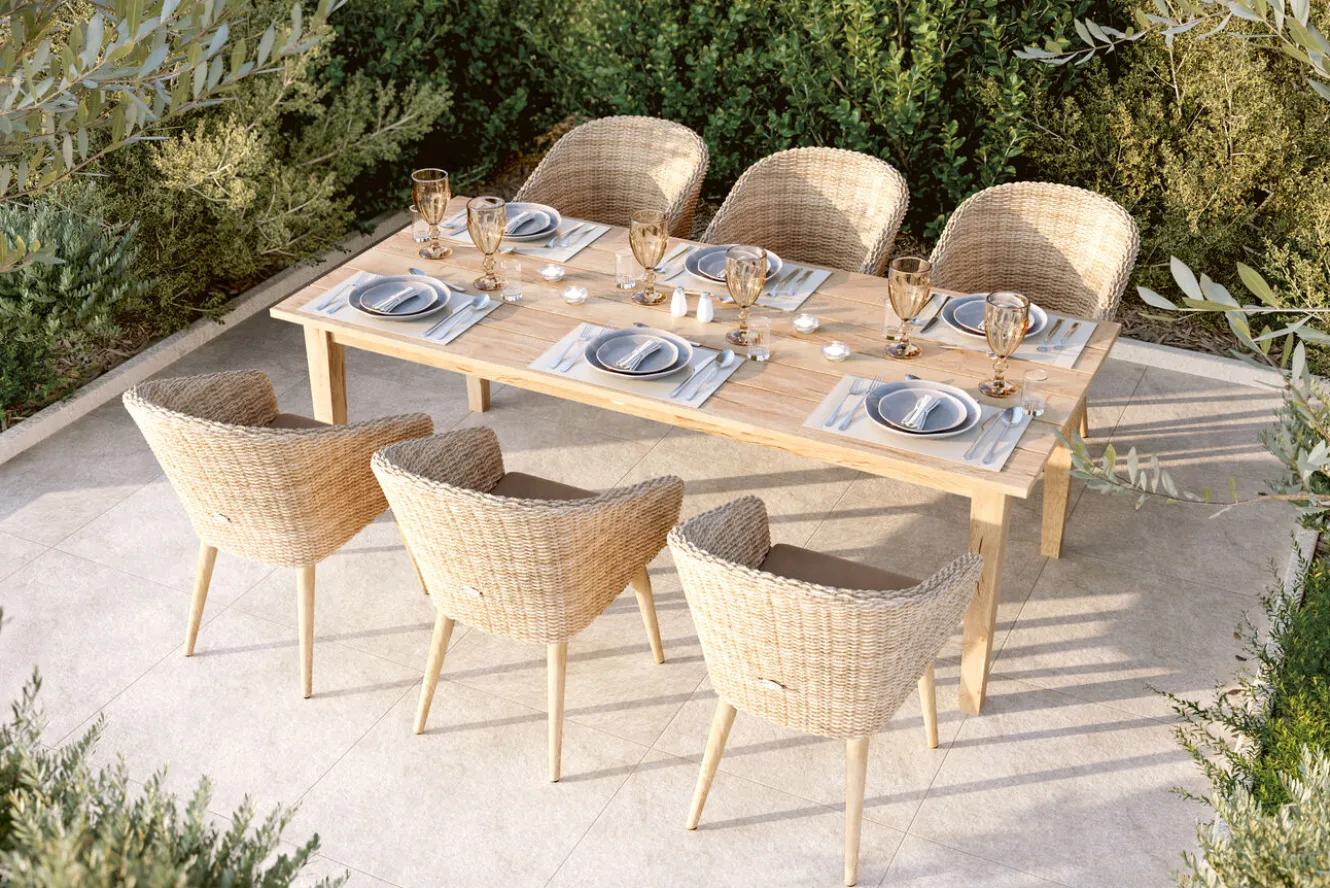 OUTFLEXX Borneo Garten-Essgruppe, beige-meliert, Polyrattan/Akazie, Tisch 220 x 100 cm, 6 Cocktail-Sessel, FSC®-zertifiziertes Produkt