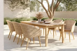 OUTFLEXX Borneo Garten-Essgruppe, beige-meliert, Polyrattan/Akazie, Tisch 220 x 100 cm, 6 Cocktail-Sessel, FSC®-zertifiziertes Produkt