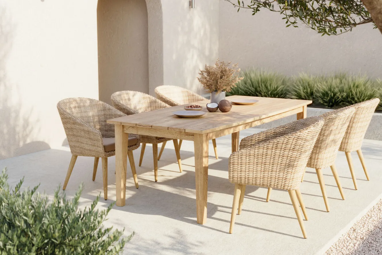 OUTFLEXX Borneo Garten-Essgruppe, beige-meliert, Polyrattan/Akazie, Tisch 220 x 100 cm, 6 Cocktail-Sessel, FSC®-zertifiziertes Produkt