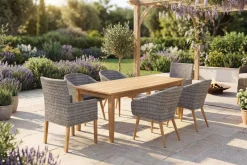 OUTFLEXX Borneo/Kota Garten-Essgruppe, natur/grau-meliert, Akazie/Alu/Polyrattan, 220x100 cm, 4 Cocktail-, 2 Landhaussessel, FSC®-zertifiziertes Produkt