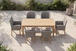 OUTFLEXX Borneo/Kota Garten-Essgruppe, natur/grau-meliert, Akazie/Alu/Polyrattan, 220x100 cm, 4 Cocktail-, 2 Landhaussessel, FSC®-zertifiziertes Produkt