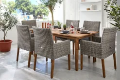 OUTFLEXX Borneo/Kota Garten-Essgruppe, natur/grau-meliert, Akazie/Alu/Polyrattan, 180x90cm, 6 Landhaussessel, FSC®-zertifiziertes Produkt