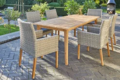 OUTFLEXX Borneo/Kota Garten-Essgruppe, natur/grau-meliert, Akazie/Alu/Polyrattan, 220x100 cm, 6 Landhaussessel, Akazie, FSC®-zertifiziertes Produkt