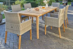 OUTFLEXX Borneo/Kota Garten-Essgruppe, natur/grau-meliert, Akazie/Alu/Polyrattan, 220x100 cm, 6 Landhaussessel, Akazie, FSC®-zertifiziertes Produkt