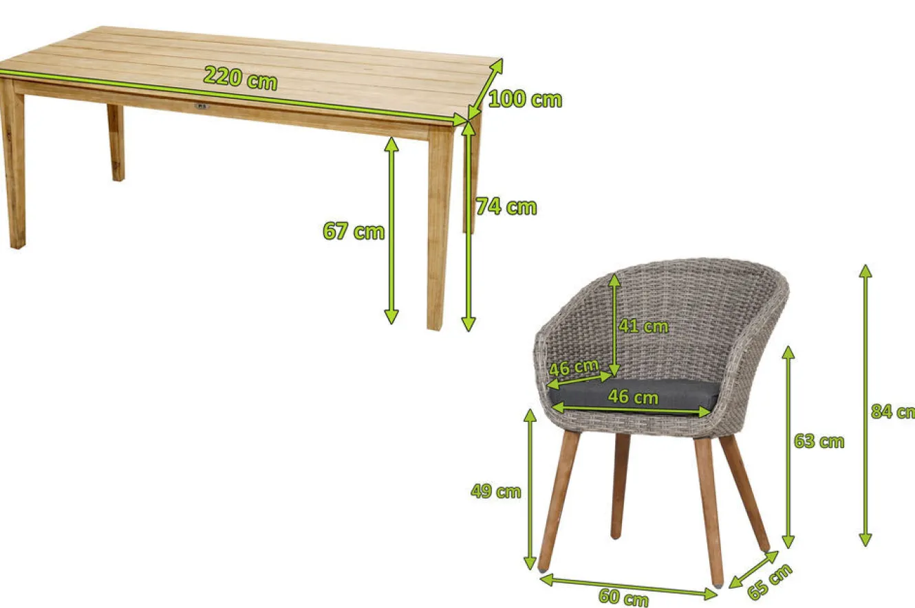 OUTFLEXX Borneo/Kota Garten-Essgruppe, natur/grau-meliert, Akazie/Alu/Polyrattan, 220x100 cm, 4 Cocktailsessel, Akazie, FSC®-zertifiziertes Produkt
