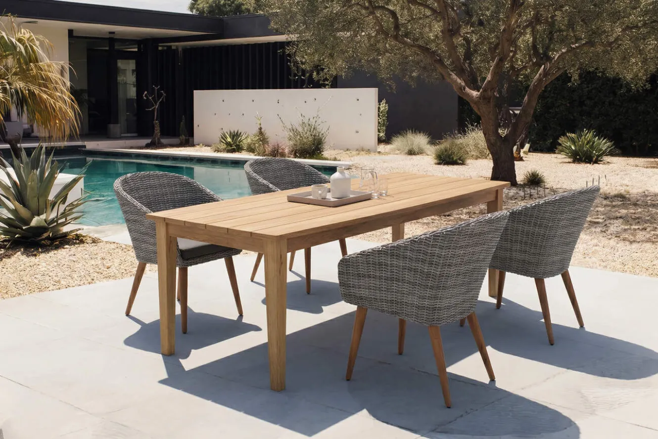OUTFLEXX Borneo/Kota Garten-Essgruppe, natur/grau-meliert, Akazie/Alu/Polyrattan, 220x100 cm, 4 Cocktailsessel, Akazie, FSC®-zertifiziertes Produkt