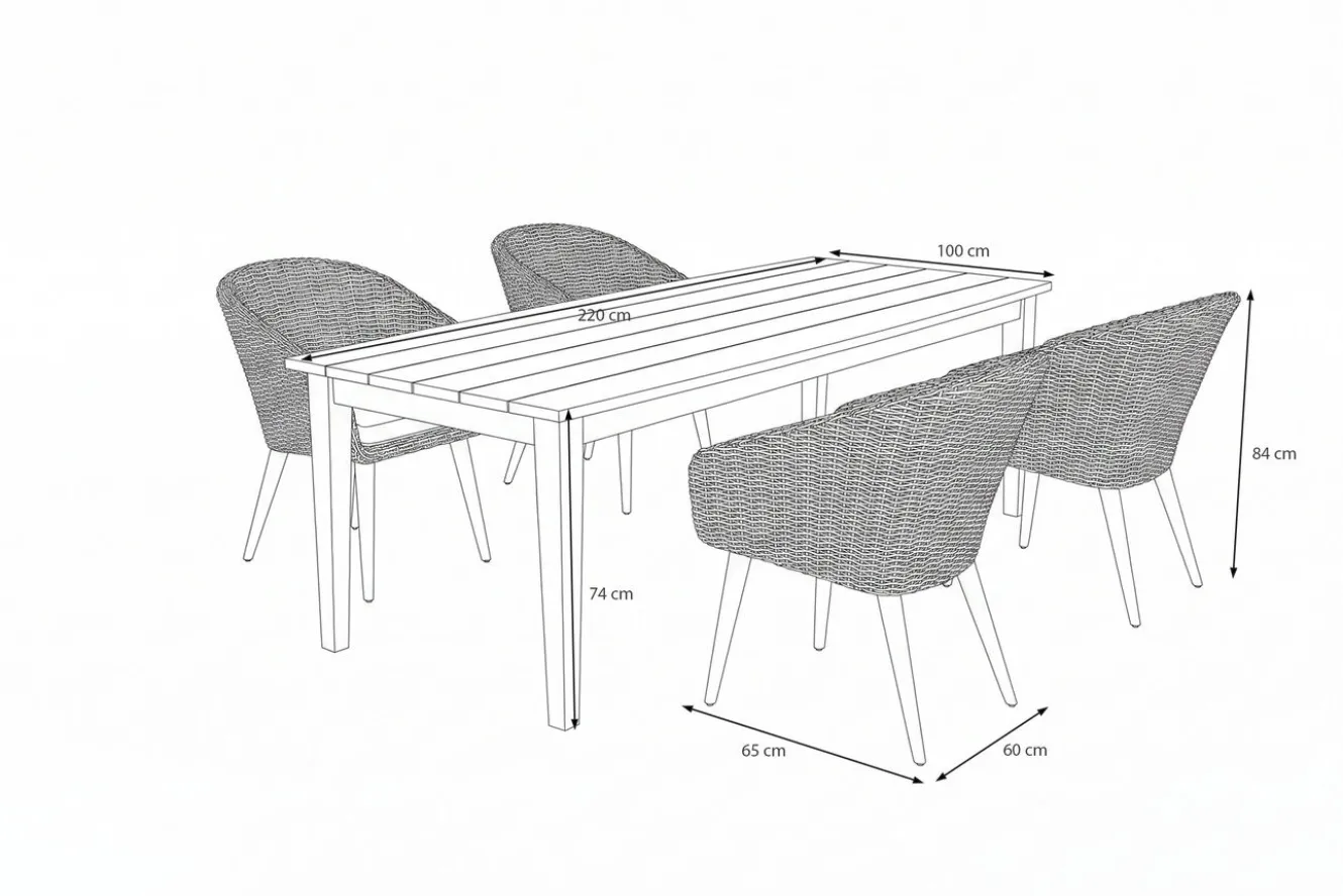 OUTFLEXX Borneo/Kota Garten-Essgruppe, natur/grau-meliert, Akazie/Alu/Polyrattan, 220x100 cm, 4 Cocktailsessel, Akazie, FSC®-zertifiziertes Produkt