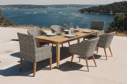 OUTFLEXX Borneo/Kota Garten-Essgruppe, natur/grau-meliert, Akazie/Alu/Polyrattan, 180x90cm, 4 Cocktailsessel, 2 Landhaussessel, FSC®-zertifiziertes Produkt