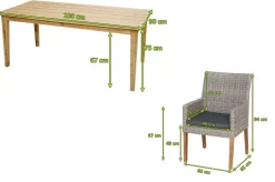 OUTFLEXX Borneo/Kota Garten-Essgruppe, natur/grau-meliert, Akazie/Alu/Polyrattan, 180x90cm, 4 Landhaussessel, FSC®-zertifiziertes Produkt