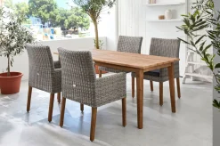 OUTFLEXX Borneo/Kota Garten-Essgruppe, natur/grau-meliert, Akazie/Alu/Polyrattan, 180x90cm, 4 Landhaussessel, FSC®-zertifiziertes Produkt