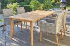 OUTFLEXX Borneo/Kota Garten-Essgruppe, natur/grau-meliert, Akazie/Alu/Polyrattan, 220x100 cm, 4 Landhaussessel, Akazie, FSC®-zertifiziertes Produkt