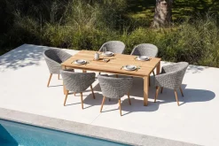 OUTFLEXX Borneo/Kota Garten-Essgruppe, natur/grau-meliert, Akazie/Alu/Polyrattan, 220x100 cm, 6 Cocktailsessel, Akazie, FSC®-zertifiziertes Produkt