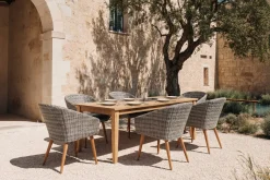 OUTFLEXX Borneo/Kota Garten-Essgruppe, natur/grau-meliert, Akazie/Alu/Polyrattan, 220x100 cm, 6 Cocktailsessel, Akazie, FSC®-zertifiziertes Produkt